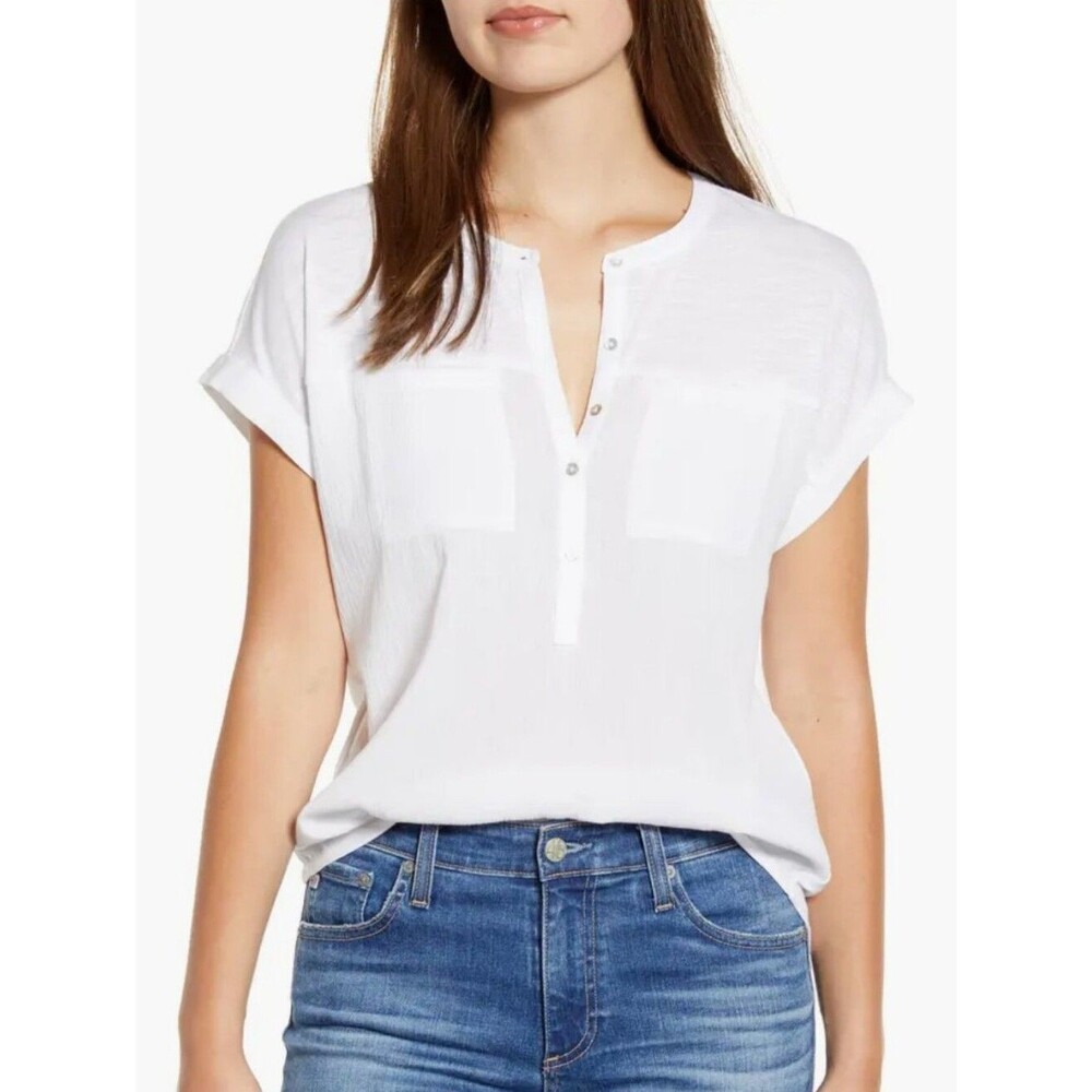 Lucky Brand Mix Media Short Sleeve Henley Top White Size Large